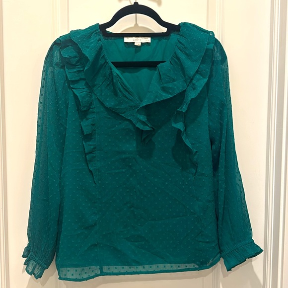 LOFT Long Sleeve Green Teal Flowy Blouse. Size Petite Large - Picture 2 of 10